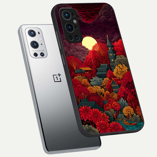  Scarlet Autumn Temple phone case For OnePlus 9 Pro showing premium glass back cover with detailed artwork