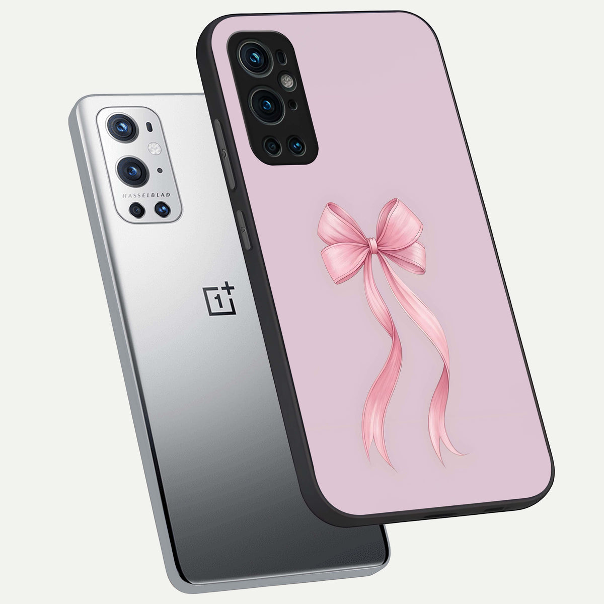  Soft Blush Bow phone case For OnePlus 9 Pro showing premium glass back cover with detailed artwork