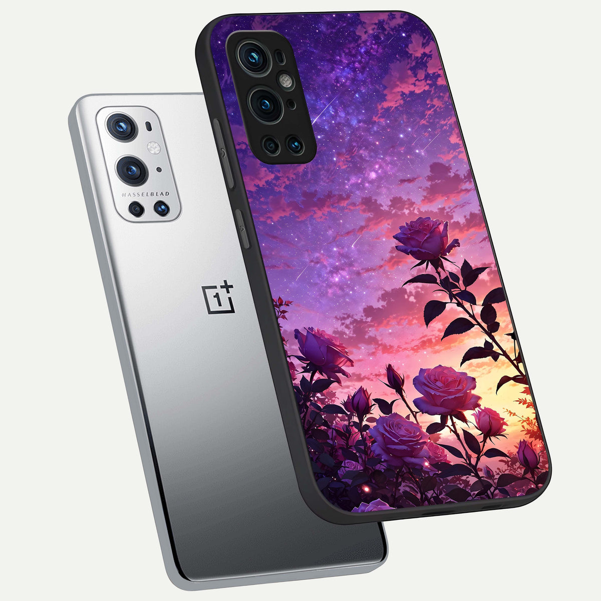  Starlit Rose Twilight phone case For OnePlus 9 Pro showing premium glass back cover with detailed artwork