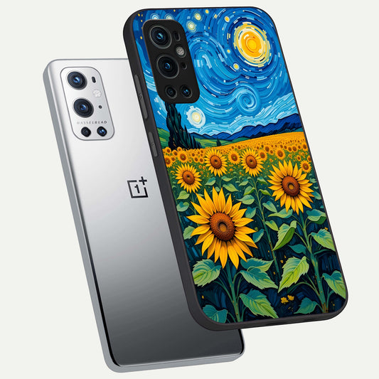  Starry Sunflower Dreams phone case For OnePlus 9 Pro showing premium glass back cover with detailed artwork