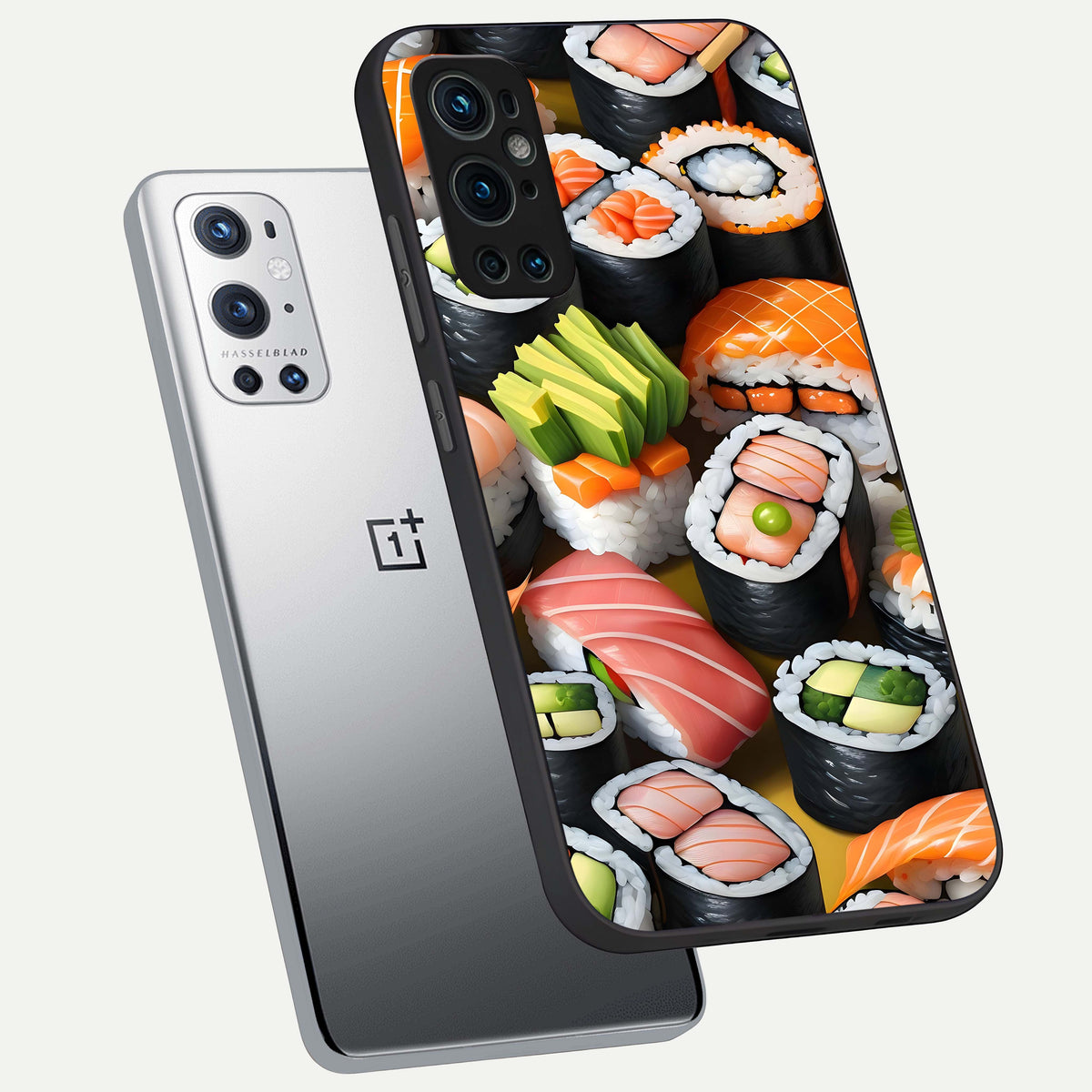  Sushi Food Pattern phone case For OnePlus 9 Pro showing premium glass back cover with detailed artwork