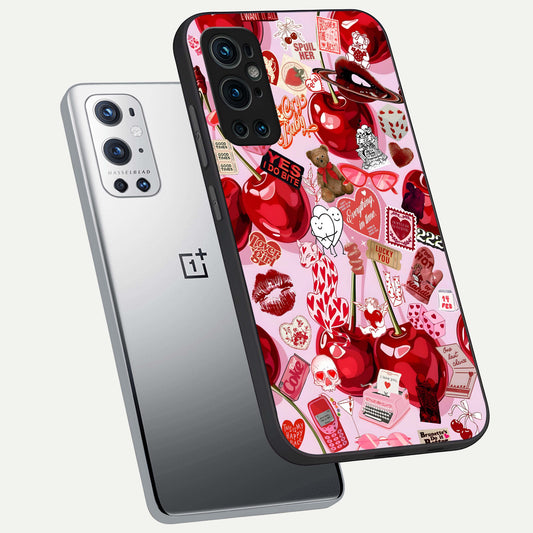  Sweet Cherry Chaos phone case For OnePlus 9 Pro showing premium glass back cover with detailed artwork