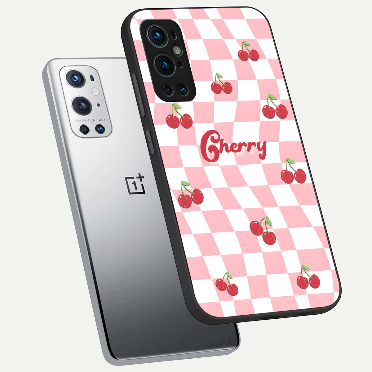  Sweet Cherry Vibes phone case For OnePlus 9 Pro showing premium glass back cover with detailed artwork