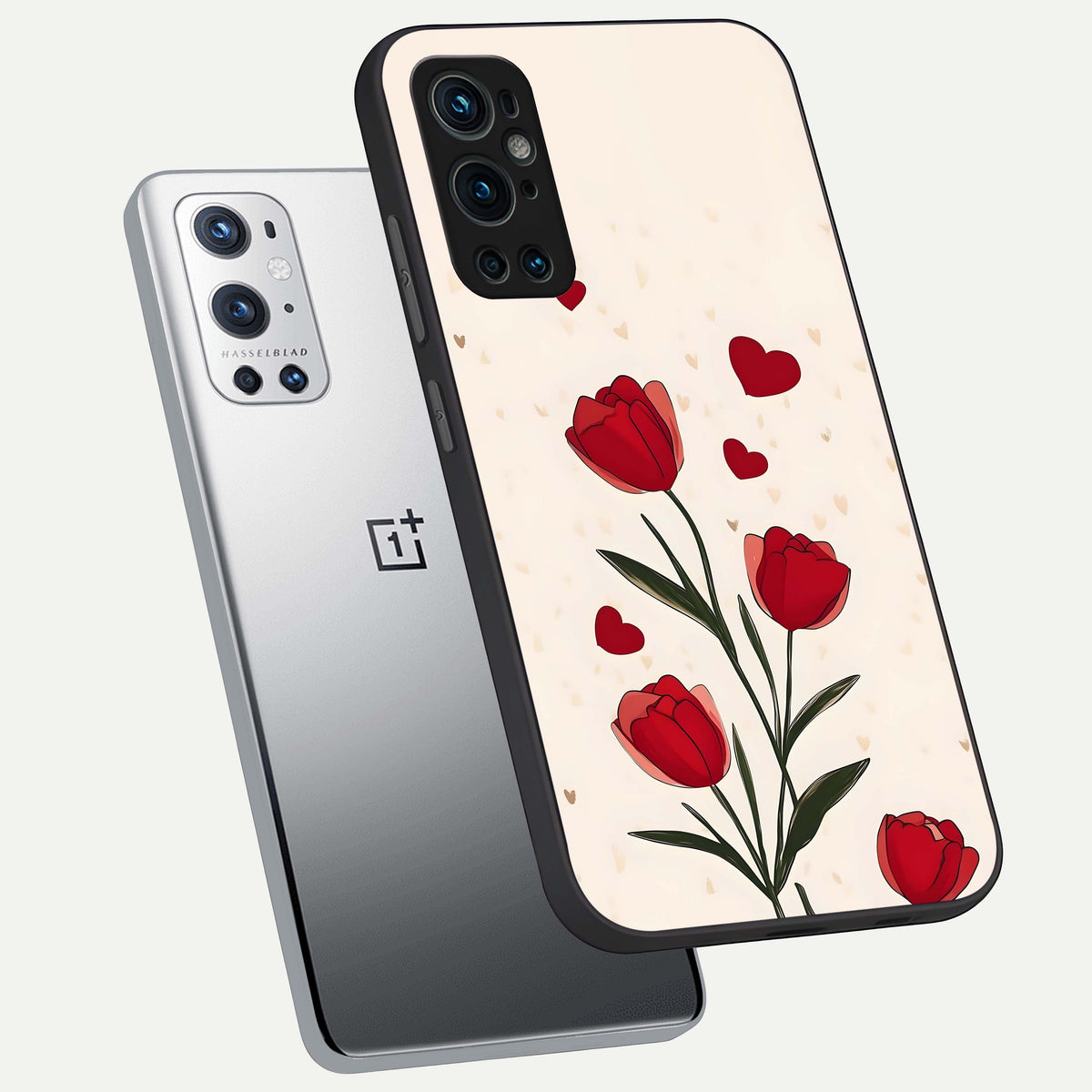  Tulip With Heart phone case For OnePlus 9 Pro showing premium glass back cover with detailed artwork