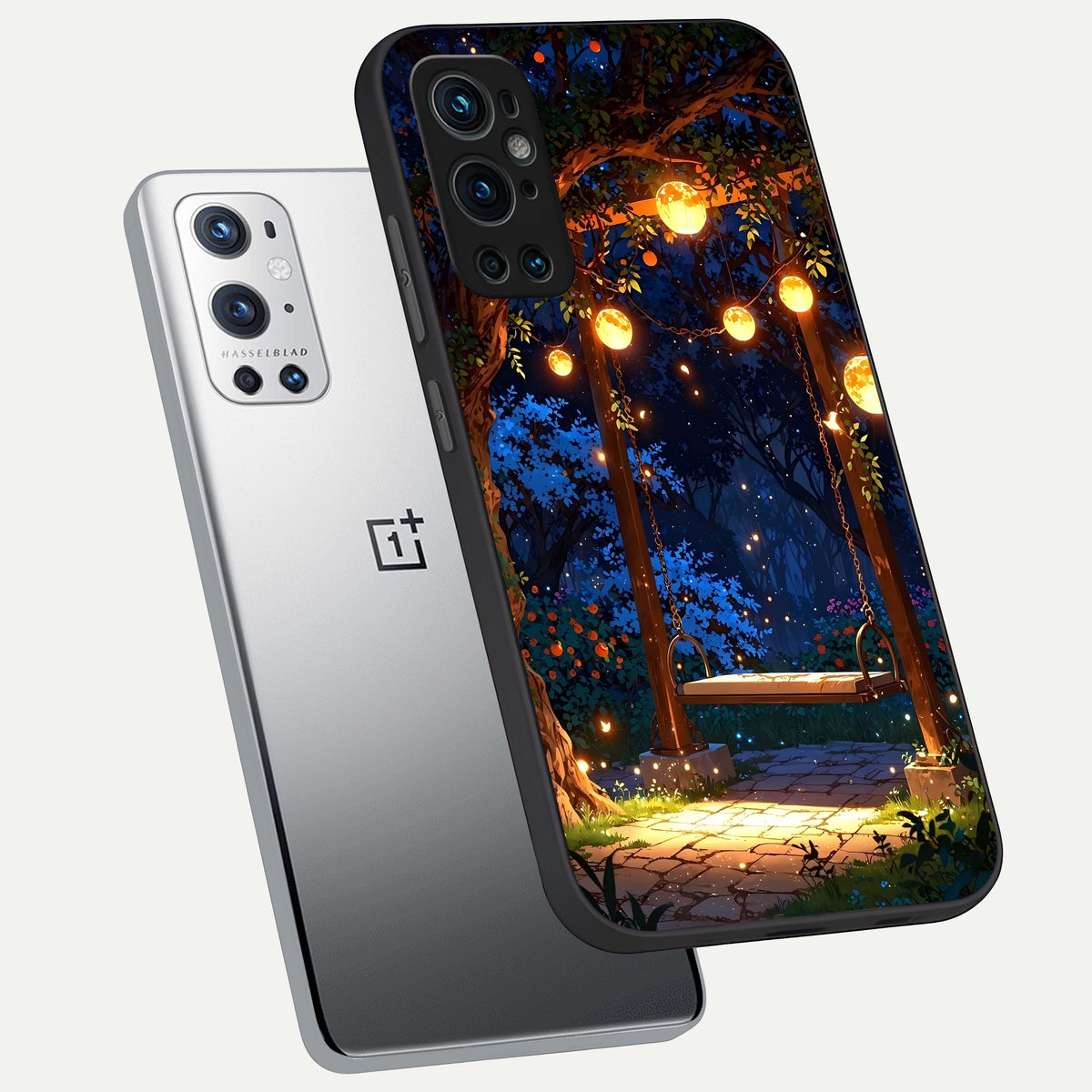 Twilight Garden Swing phone case For OnePlus 9 Pro showing premium glass back cover with detailed artwork