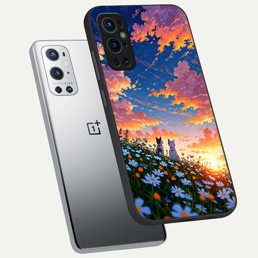  Two Cats Friends phone case For OnePlus 9 Pro showing premium glass back cover with detailed artwork
