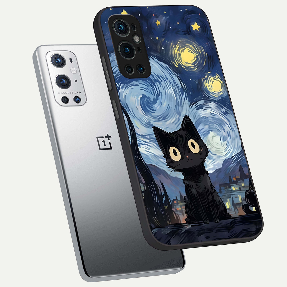  Van Gogh Cat phone case For OnePlus 9 Pro showing premium glass back cover with detailed artwork