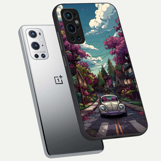  Vintage Street Drive phone case For OnePlus 9 Pro showing premium glass back cover with detailed artwork