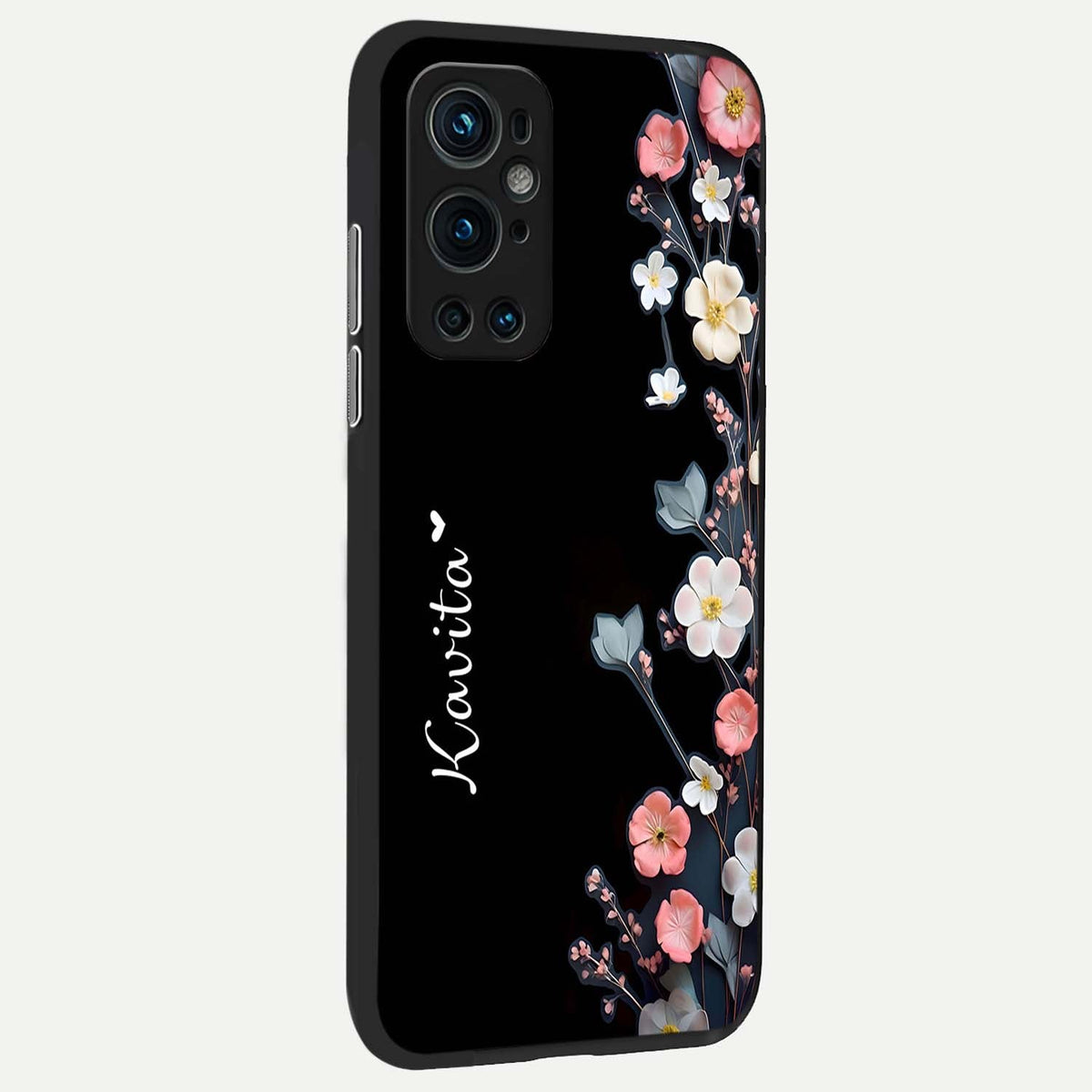  Black Elegance Floral Custom Name back cover For OnePlus 9 Pro slim fit glass case with vibrant aesthetic design