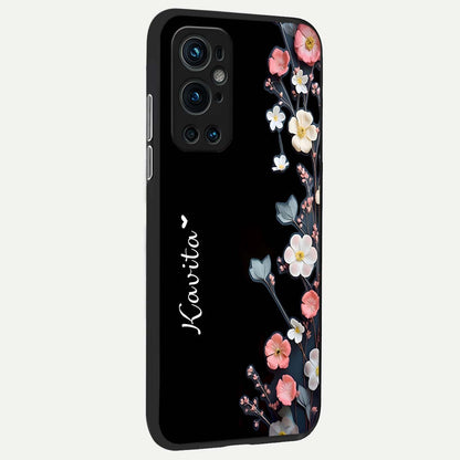  Black Elegance Floral Custom Name back cover For OnePlus 9 Pro slim fit glass case with vibrant aesthetic design