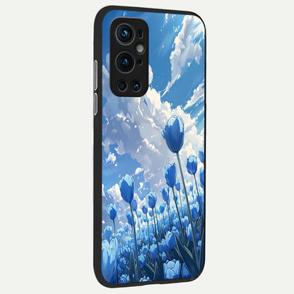  Blue Tulip Clouds back cover For OnePlus 9 Pro slim fit glass case with vibrant aesthetic design