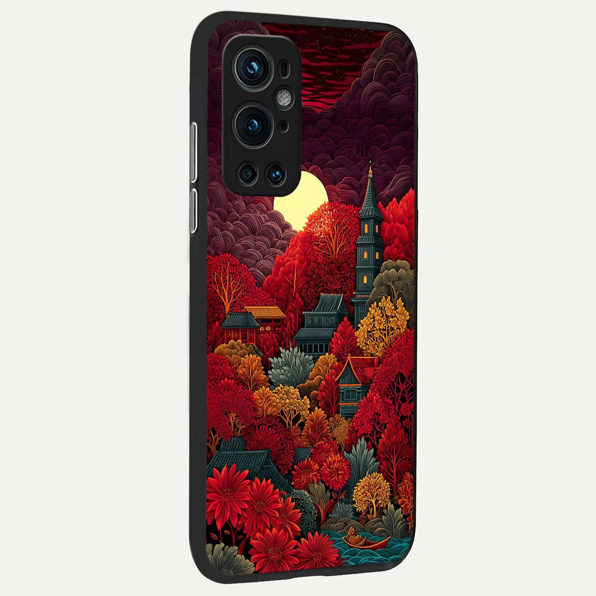  Scarlet Autumn Temple back cover For OnePlus 9 Pro slim fit glass case with vibrant aesthetic design
