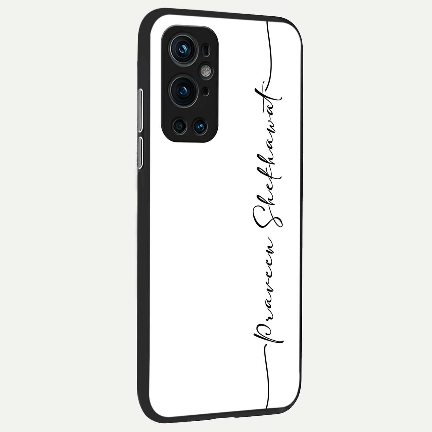White Tune Custom Name Glass Case showing full back design in clean flat view with minimal white theme and glossy glass finish.