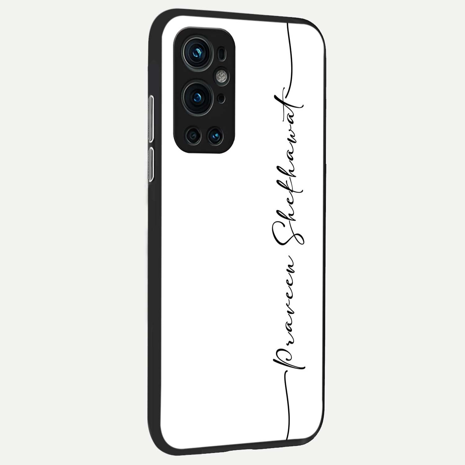 White Tune Custom Name Glass Case showing full back design in clean flat view with minimal white theme and glossy glass finish.