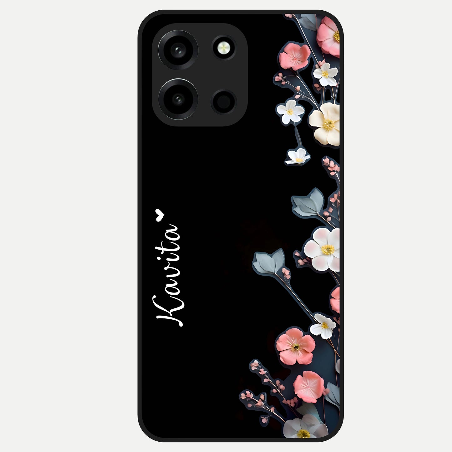  Black Elegance Floral Custom Name Glass Case For Oneplus Nord 6 back cover – full design glossy printed glass finish