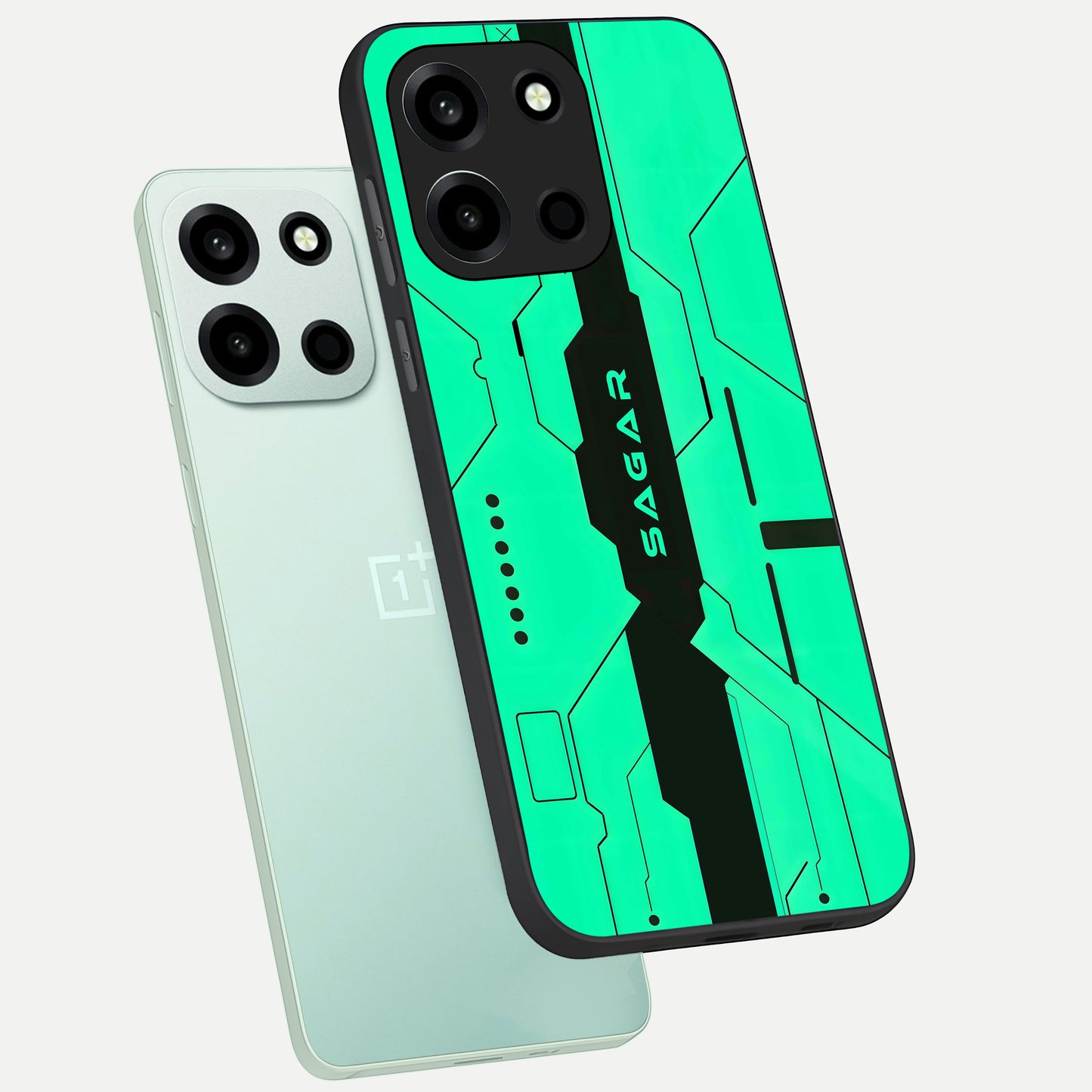  Aqua Tech CYBERPUNK Custom Name phone case For Oneplus Nord 6 showing premium glass back cover with detailed artwork