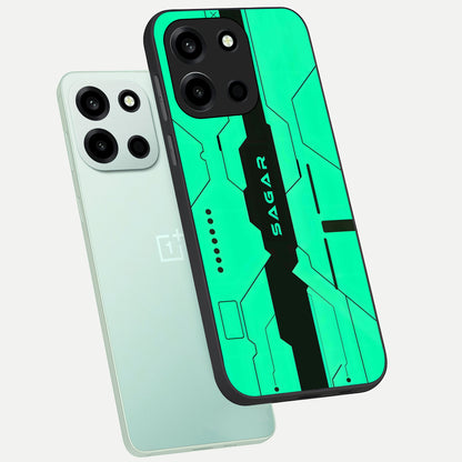  Aqua Tech CYBERPUNK Custom Name phone case For Oneplus Nord 6 showing premium glass back cover with detailed artwork