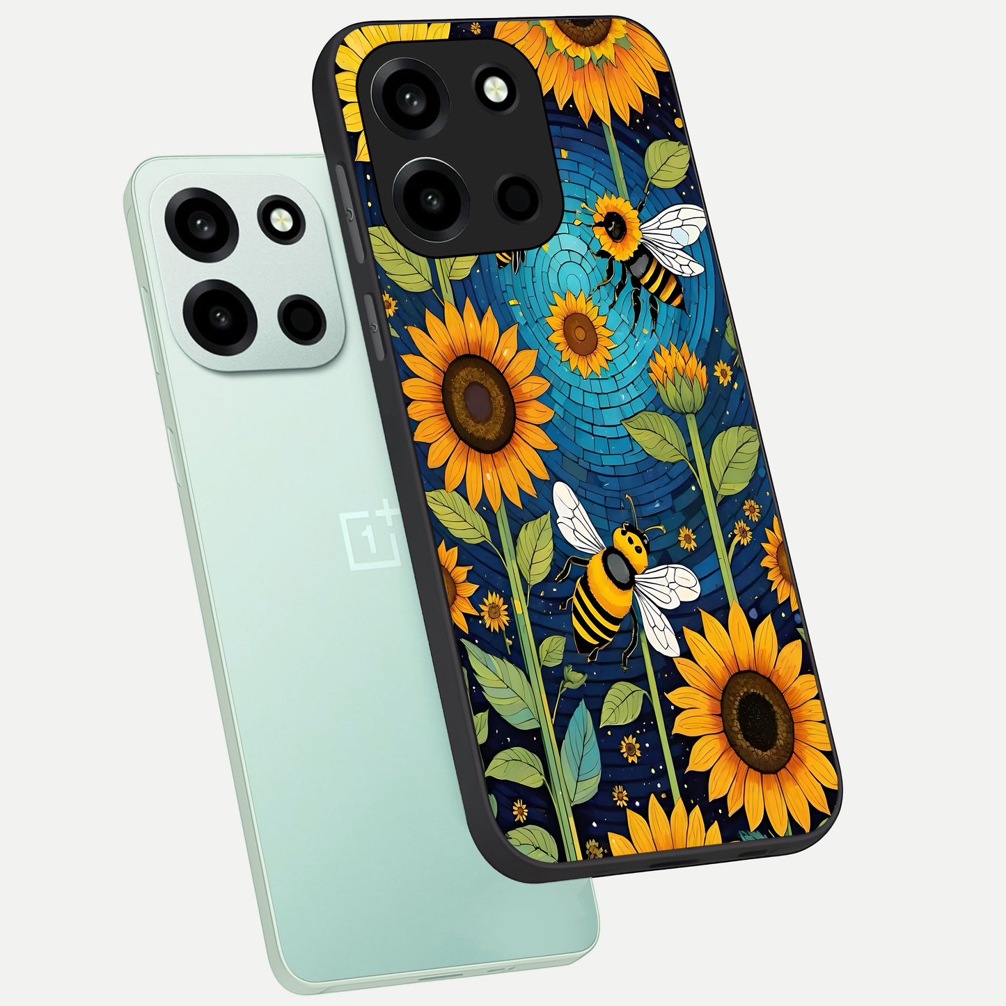  Bees And Sunflowers phone case For Oneplus Nord 6 showing premium glass back cover with detailed artwork