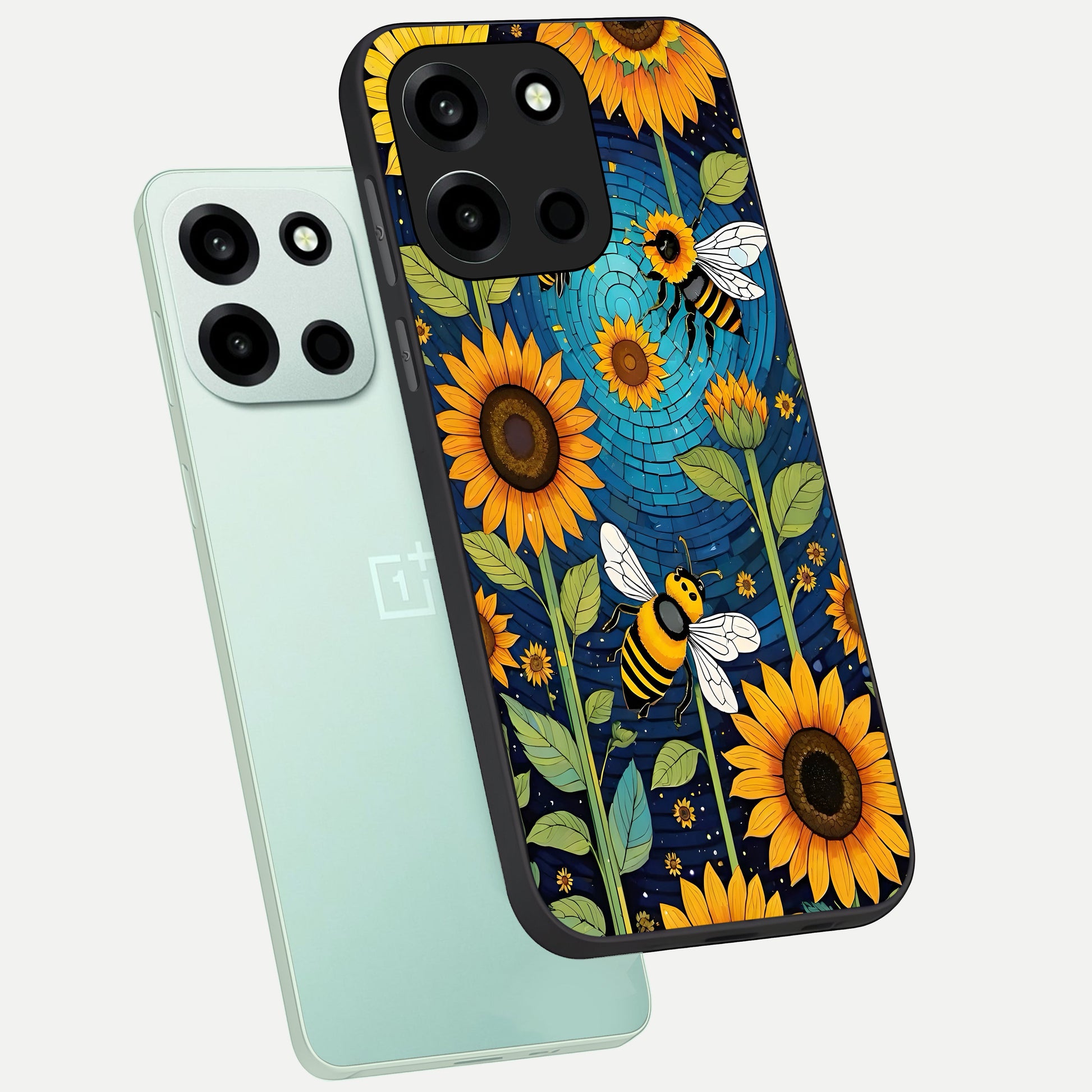  Bees And Sunflowers phone case For Oneplus Nord 6 showing premium glass back cover with detailed artwork