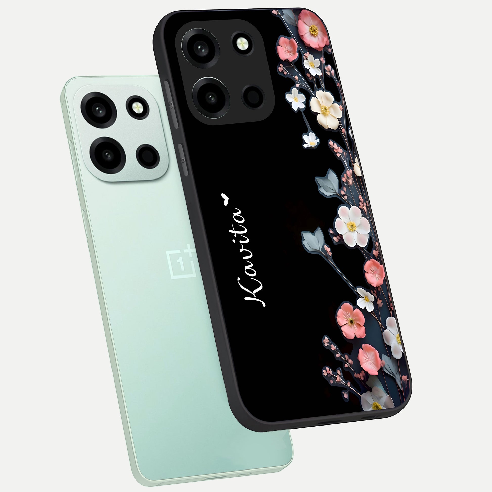 Black Elegance Floral Custom Name phone case For Oneplus Nord 6 showing premium glass back cover with detailed artwork