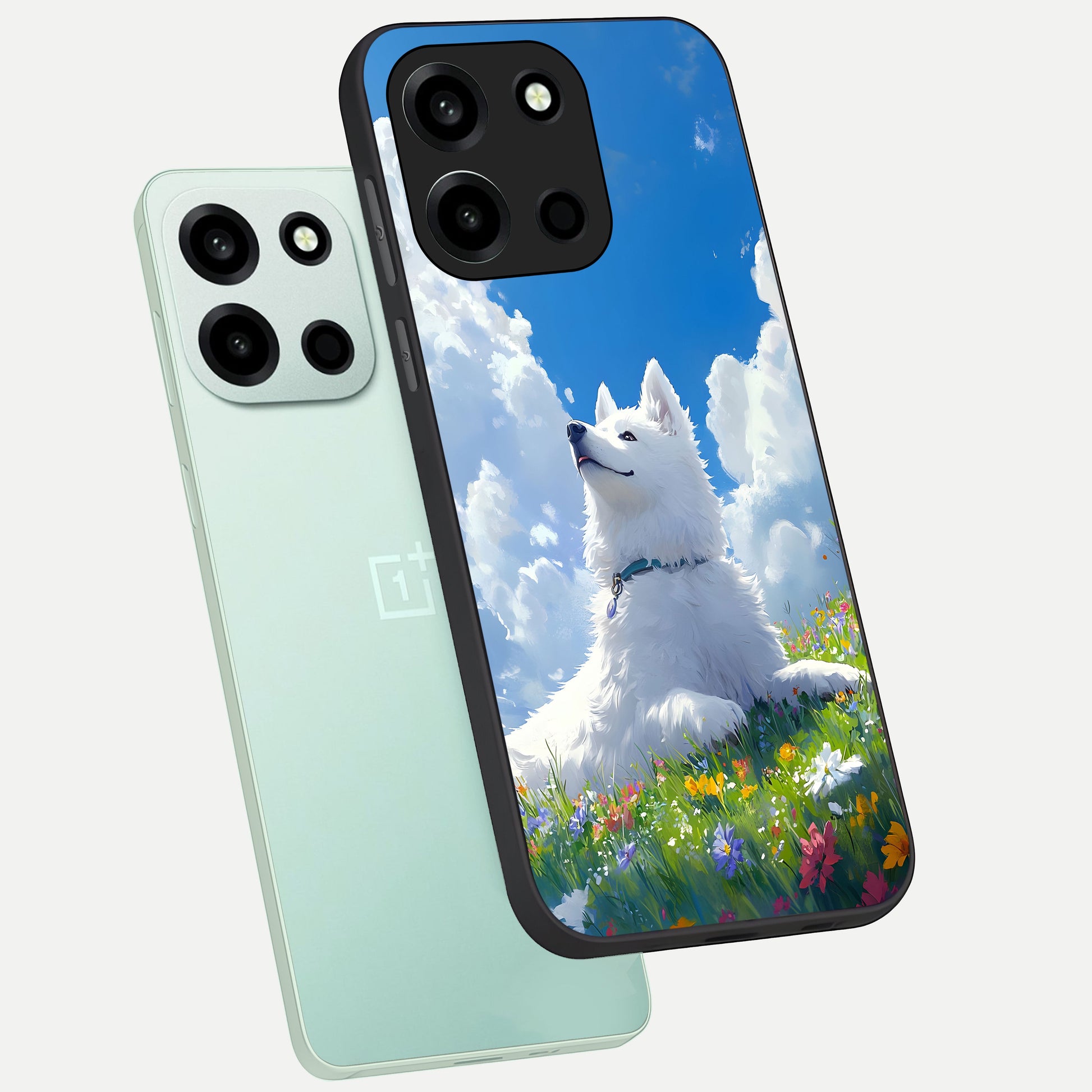  Blissful Cloud Pup phone case For Oneplus Nord 6 showing premium glass back cover with detailed artwork