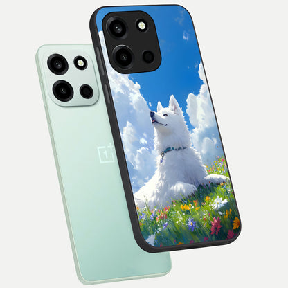  Blissful Cloud Pup phone case For Oneplus Nord 6 showing premium glass back cover with detailed artwork