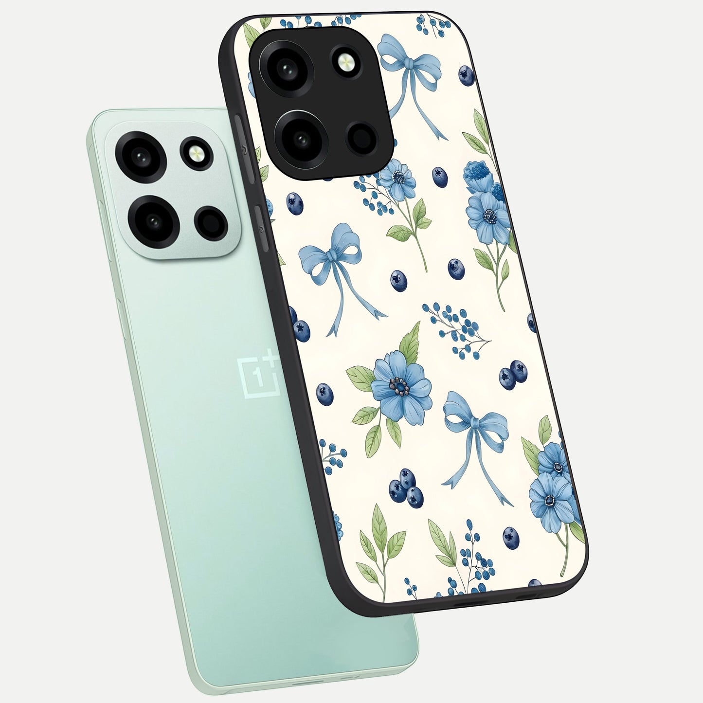  Blue Flower And Bow phone case For Oneplus Nord 6 showing premium glass back cover with detailed artwork