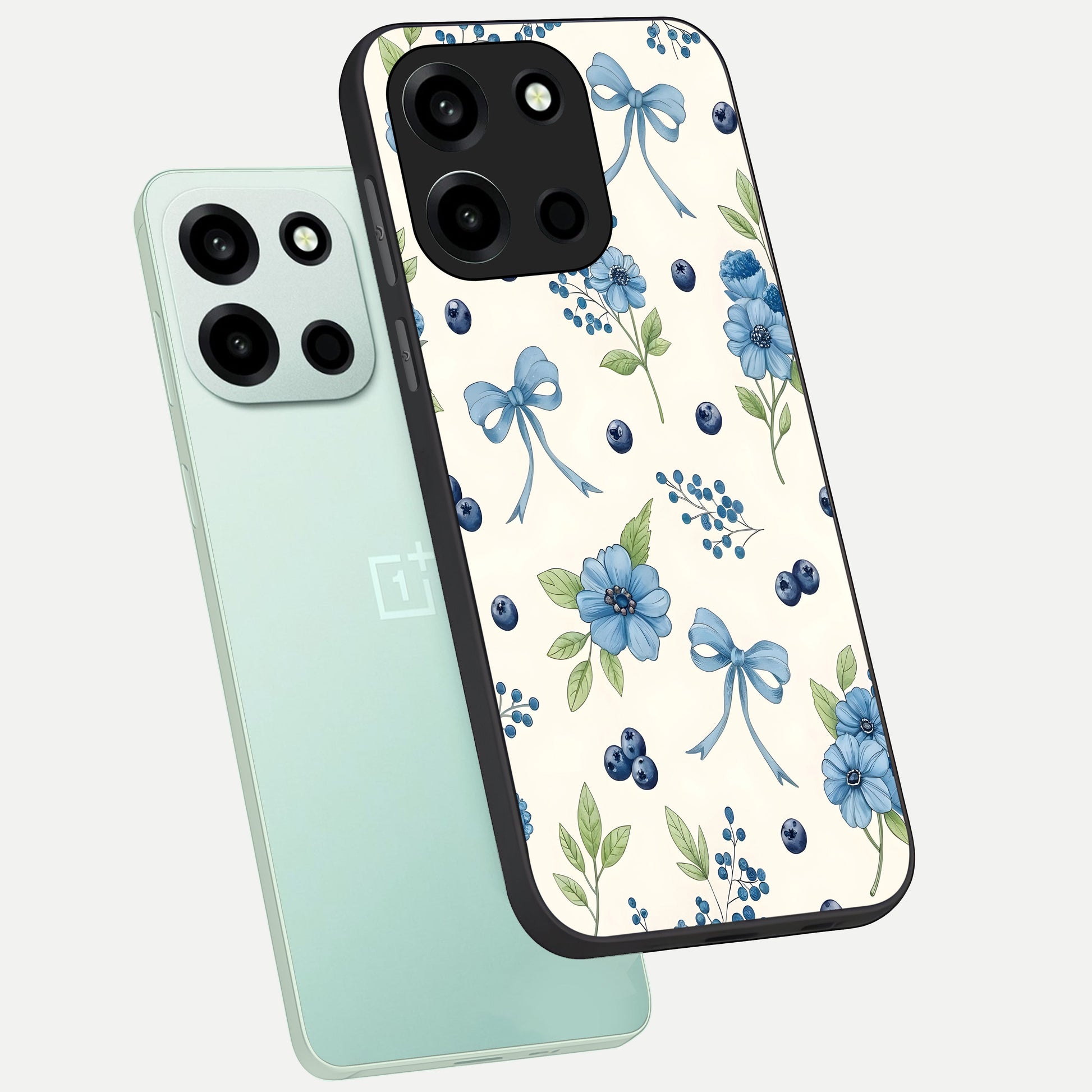  Blue Flower And Bow phone case For Oneplus Nord 6 showing premium glass back cover with detailed artwork