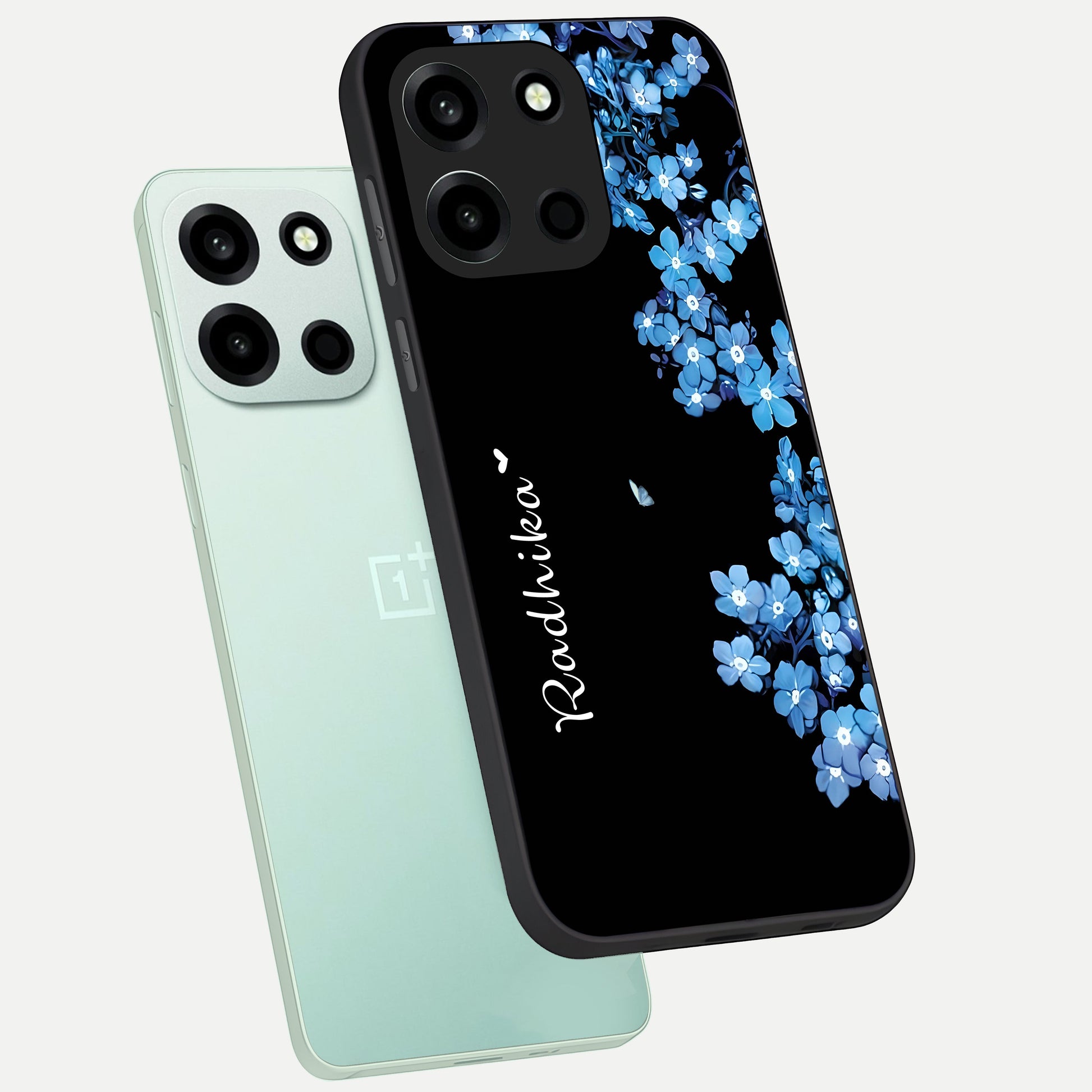  Blue Petal Dream Custom Name phone case For Oneplus Nord 6 showing premium glass back cover with detailed artwork