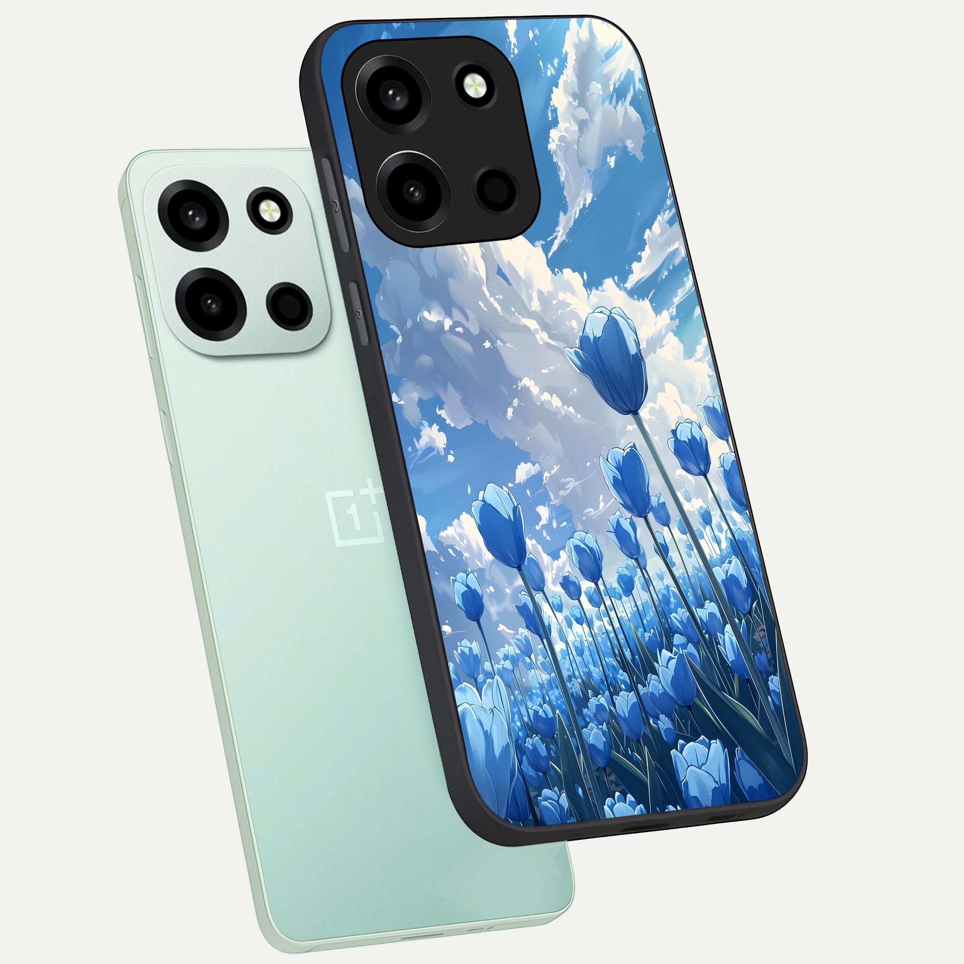  Blue Tulip Clouds phone case For Oneplus Nord 6 showing premium glass back cover with detailed artwork