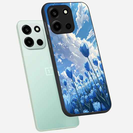 Blue Tulip Clouds phone case For Oneplus Nord 6 showing premium glass back cover with detailed artwork