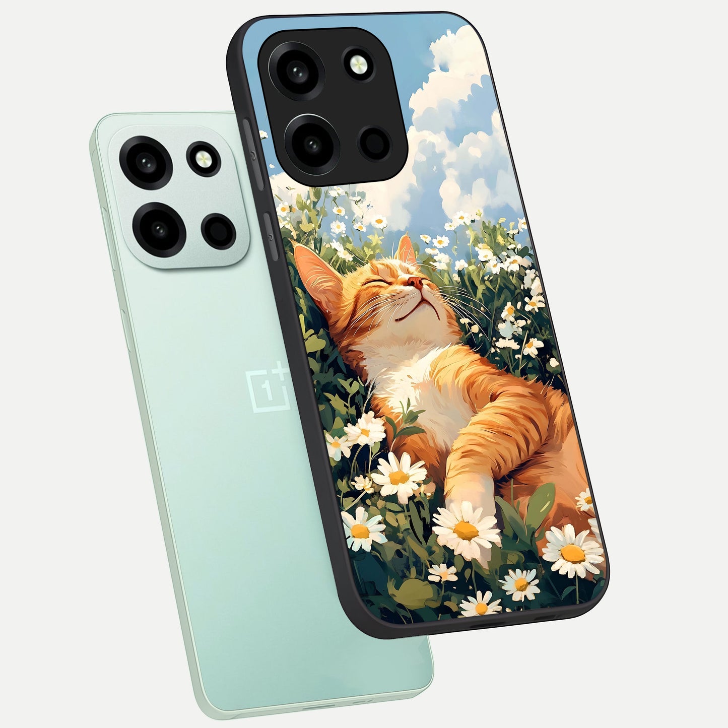  Cat And Flowers View phone case For Oneplus Nord 6 showing premium glass back cover with detailed artwork
