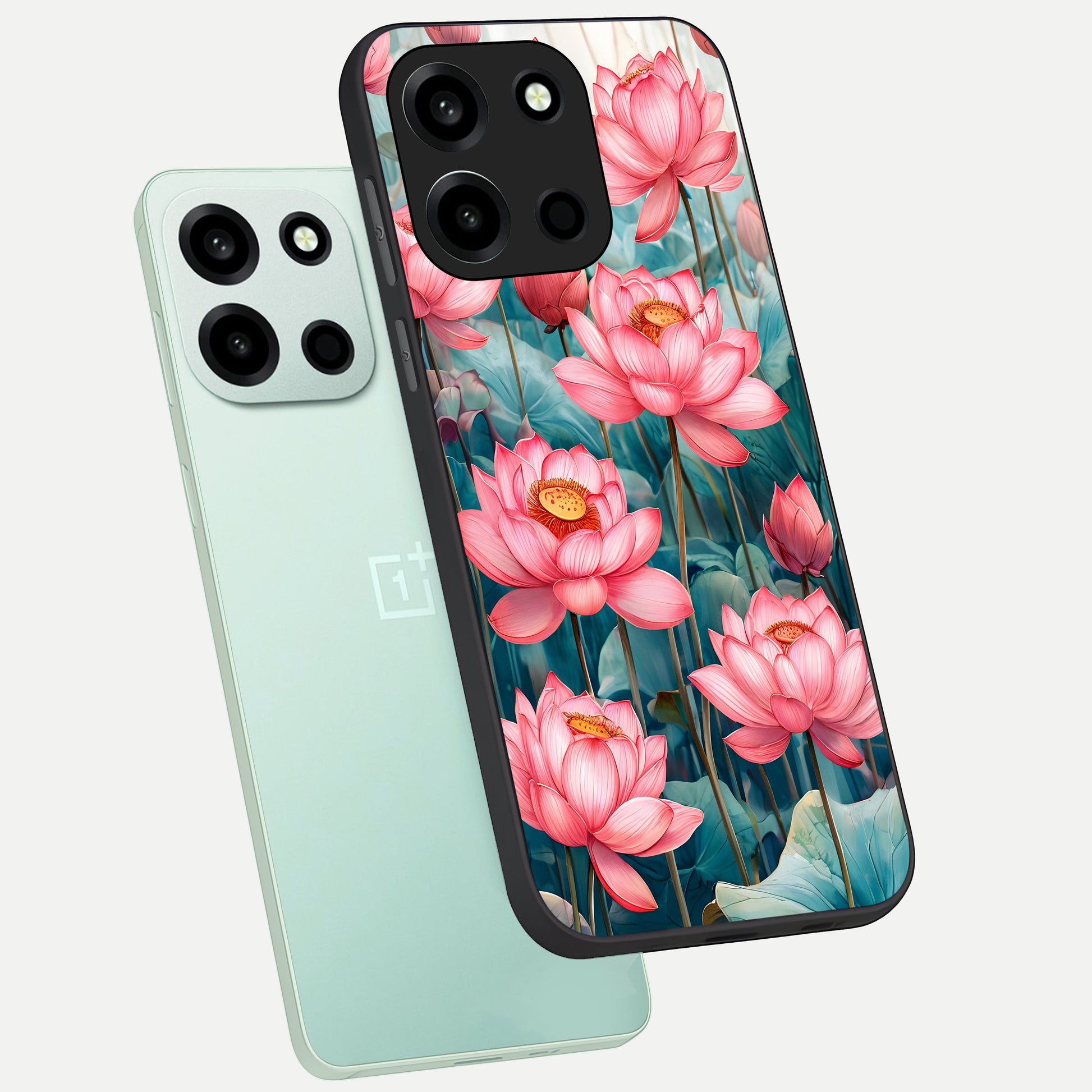 Celestial Pink Lotus phone case For Oneplus Nord 6 showing premium glass back cover with detailed artwork