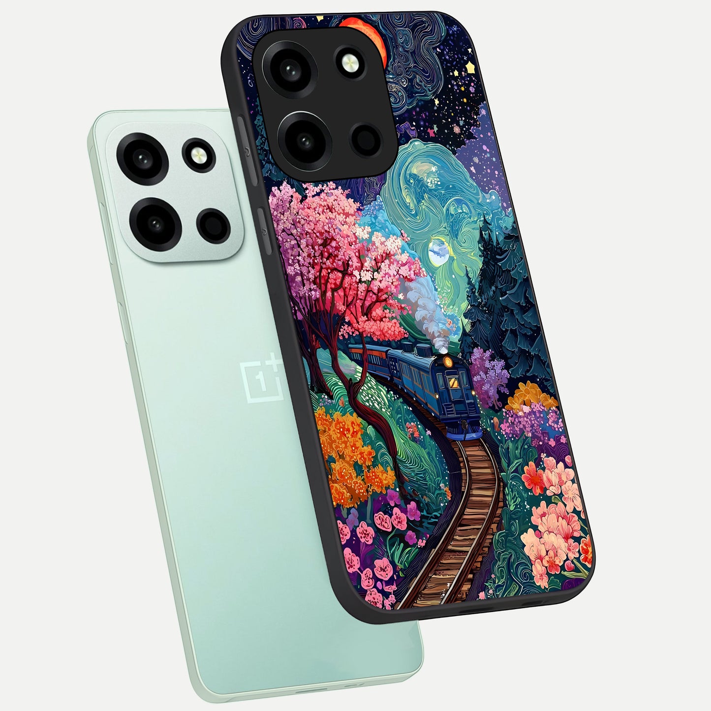  Celestial Train Journey phone case For Oneplus Nord 6 showing premium glass back cover with detailed artwork