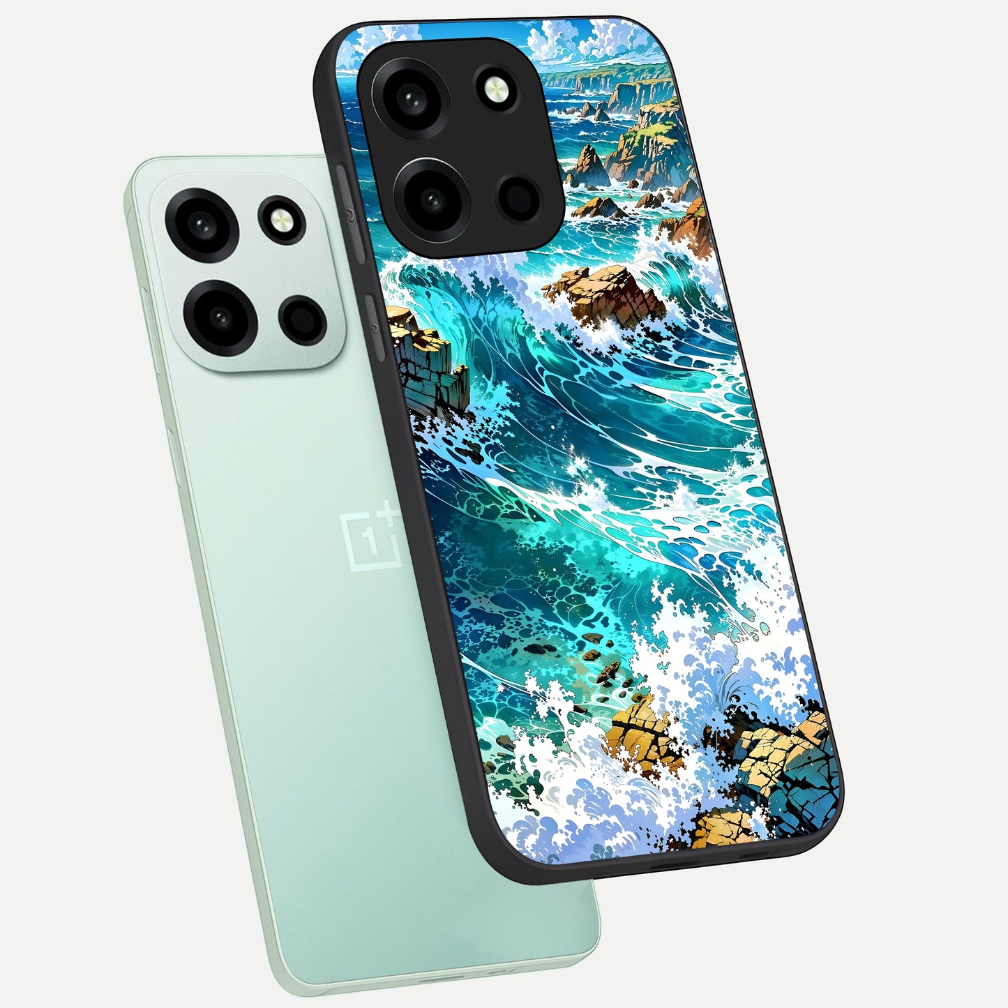  Coastal Blue Waves phone case For Oneplus Nord 6 showing premium glass back cover with detailed artwork