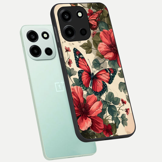  Crimson Butterfly Garden phone case For Oneplus Nord 6 showing premium glass back cover with detailed artwork