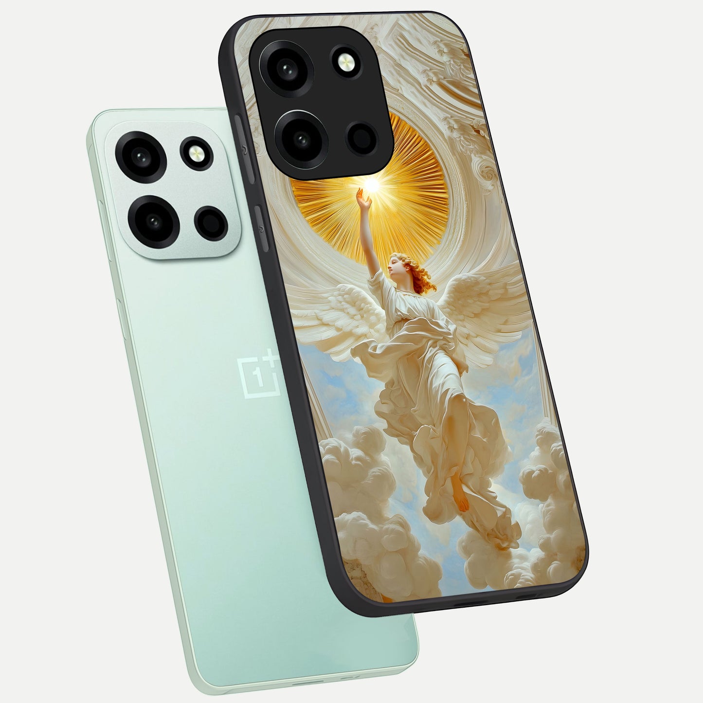  Divine Light Angel phone case For Oneplus Nord 6 showing premium glass back cover with detailed artwork