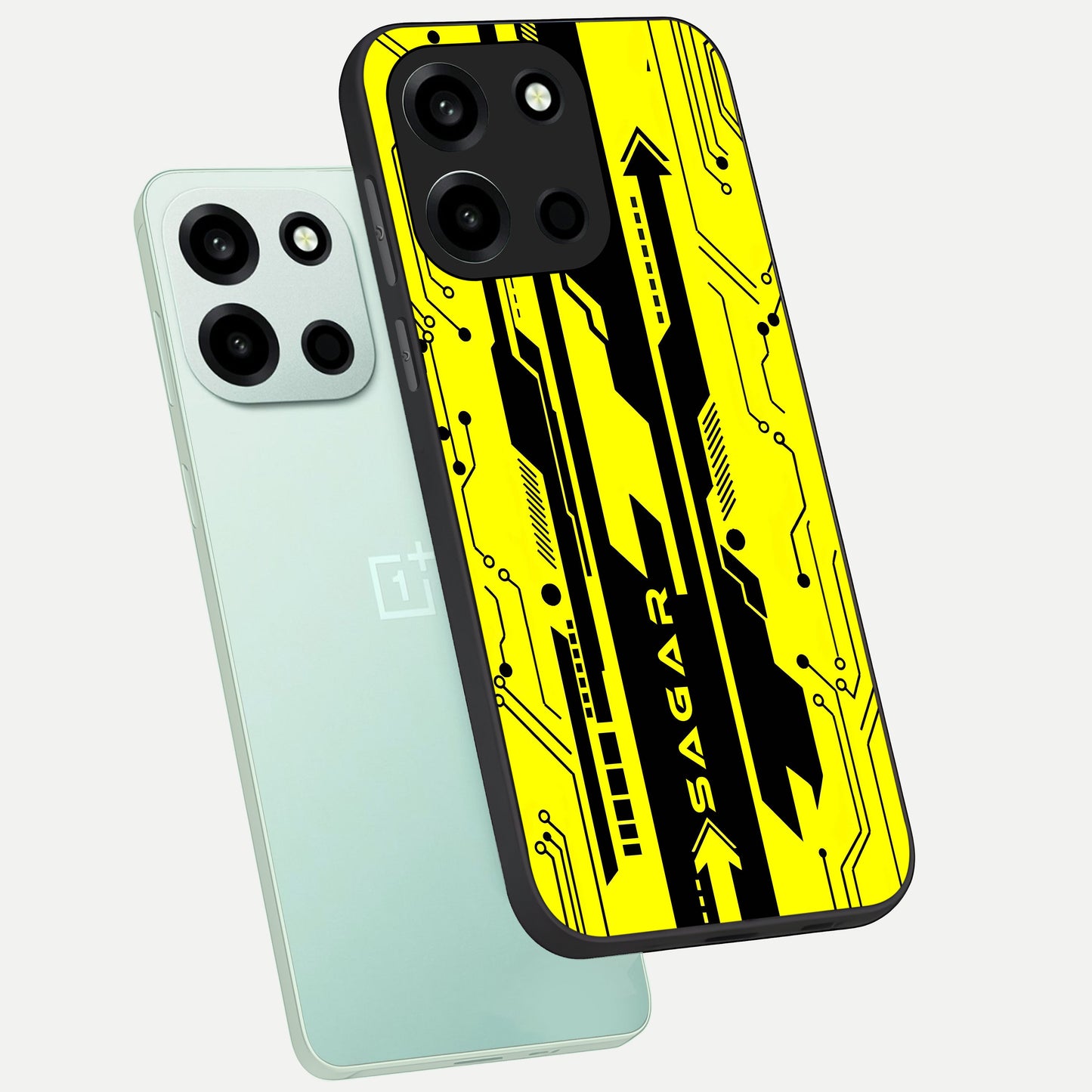  Electric Pulse CYBERPUNK Custom Name phone case For Oneplus Nord 6 showing premium glass back cover with detailed artwork