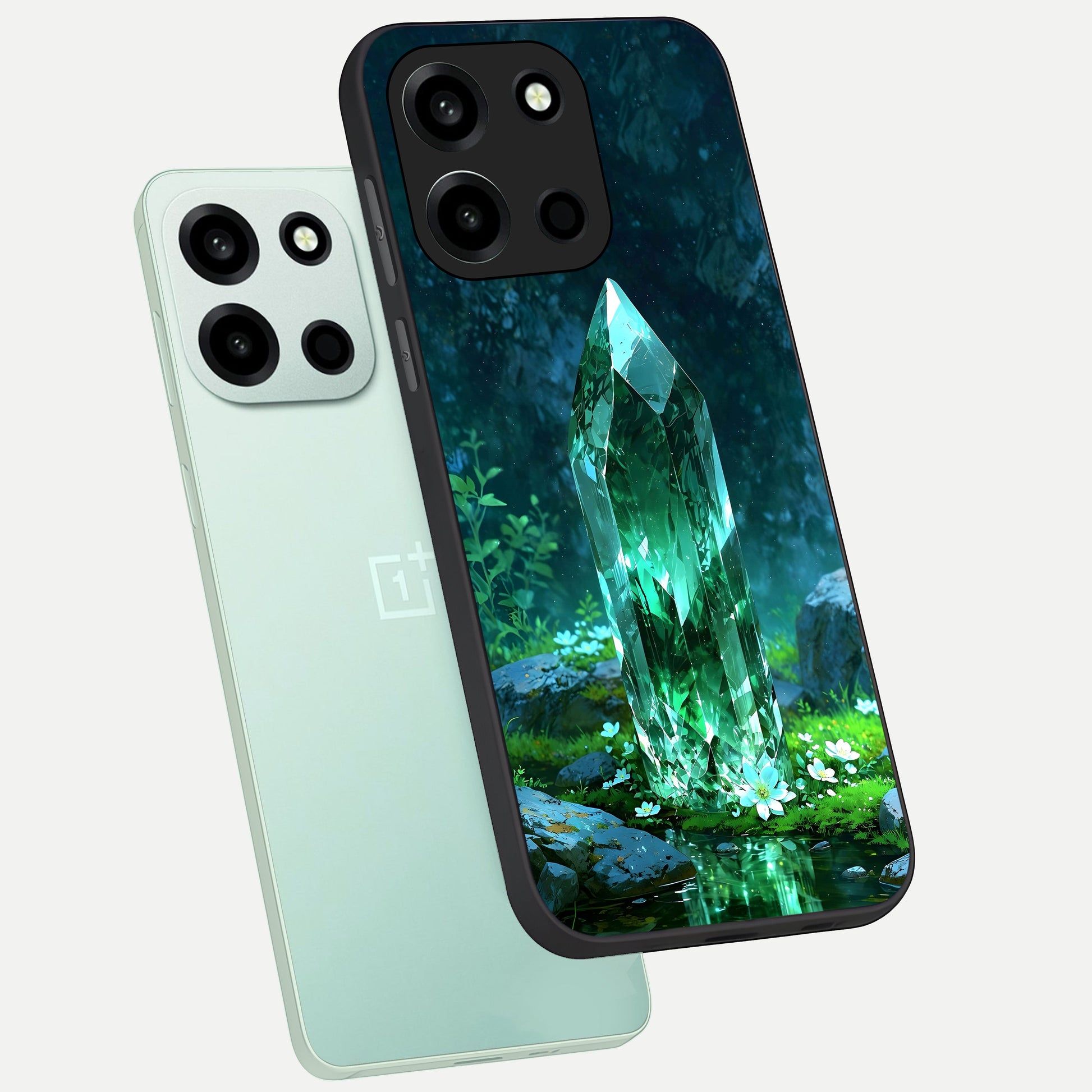  Emerald Light Crystal phone case For Oneplus Nord 6 showing premium glass back cover with detailed artwork
