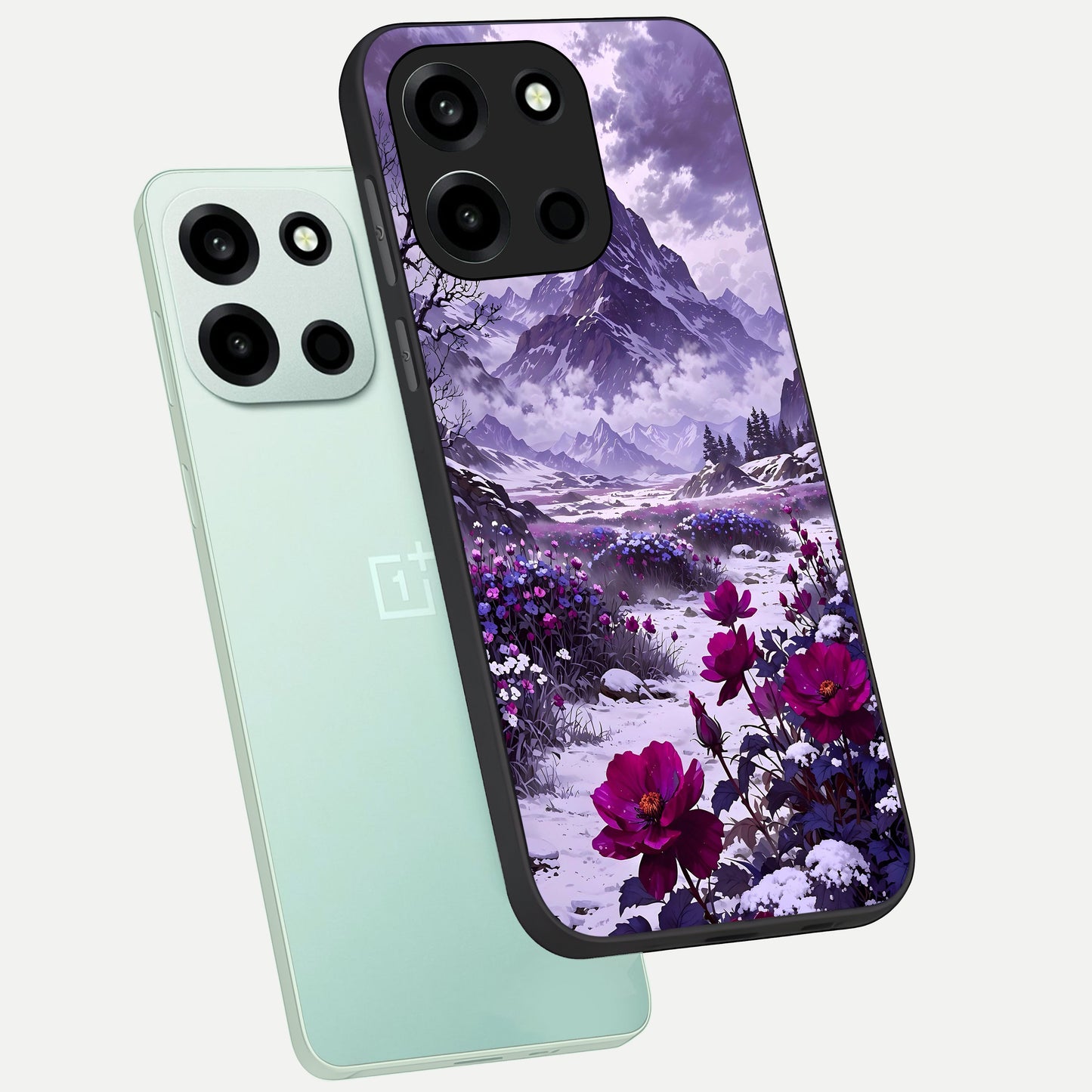  Flower Mountain View phone case For Oneplus Nord 6 showing premium glass back cover with detailed artwork