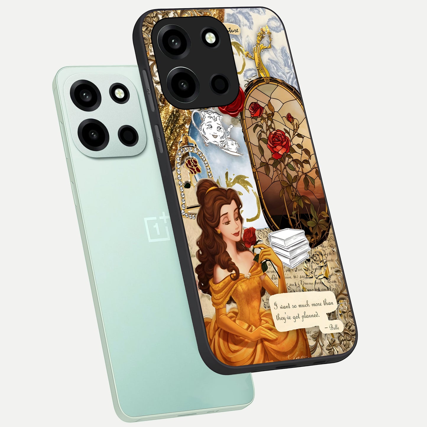  Golden Dream Belle phone case For Oneplus Nord 6 showing premium glass back cover with detailed artwork