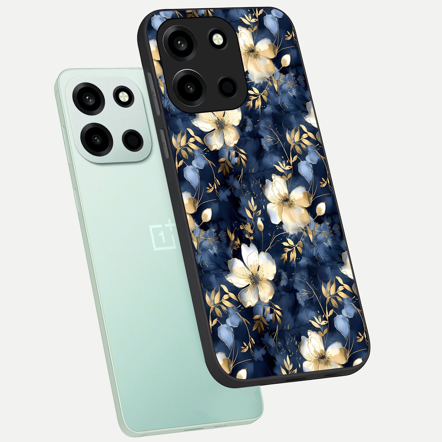  Golden Midnight Bloom phone case For Oneplus Nord 6 showing premium glass back cover with detailed artwork