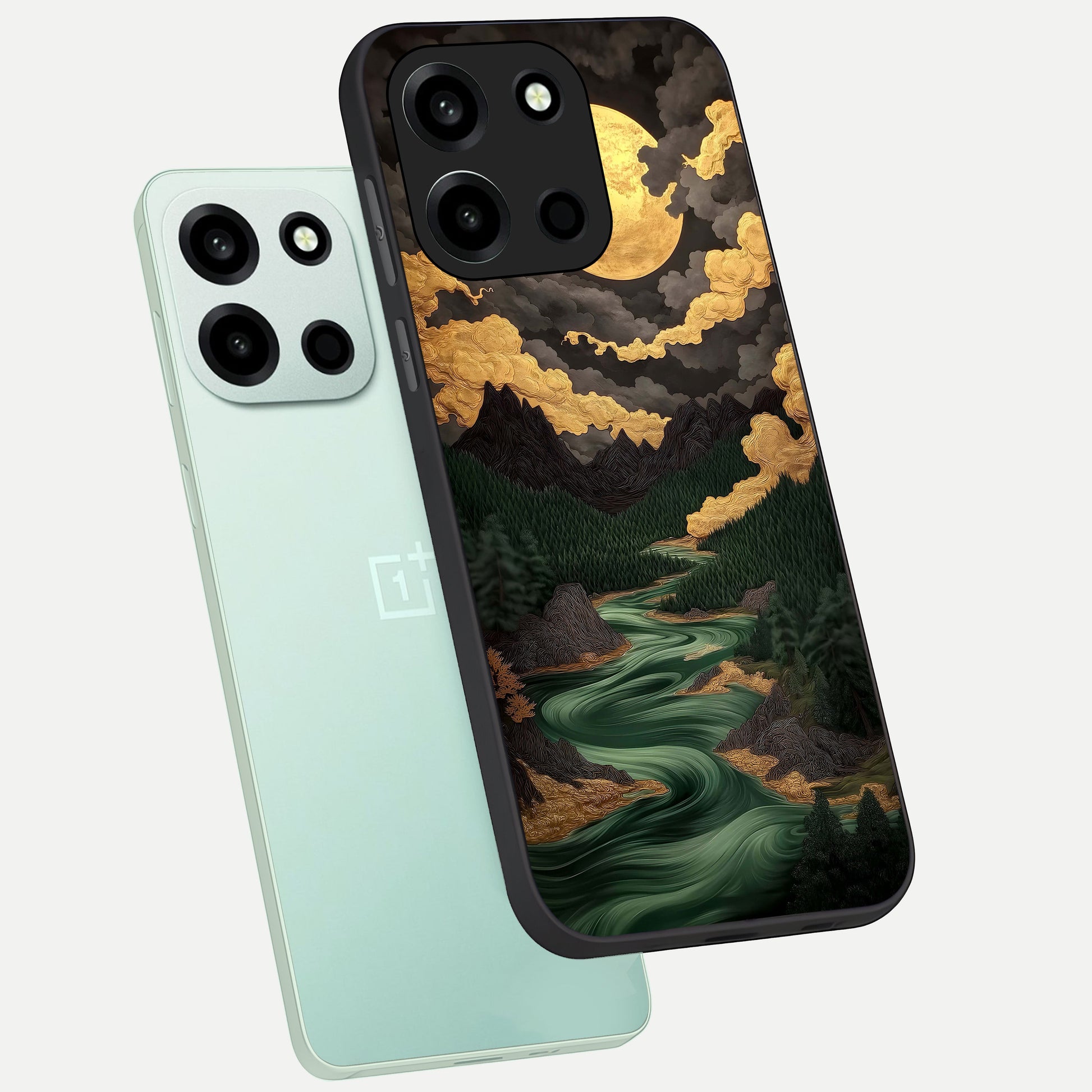  Golden River Moon phone case For Oneplus Nord 6 showing premium glass back cover with detailed artwork