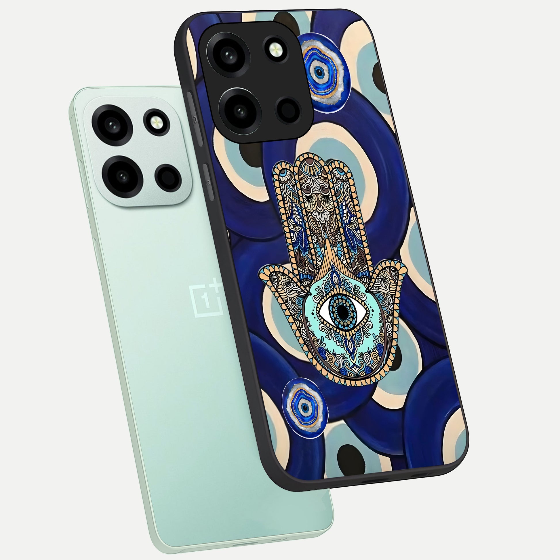  Hamsa Divine Guard phone case For Oneplus Nord 6 showing premium glass back cover with detailed artwork