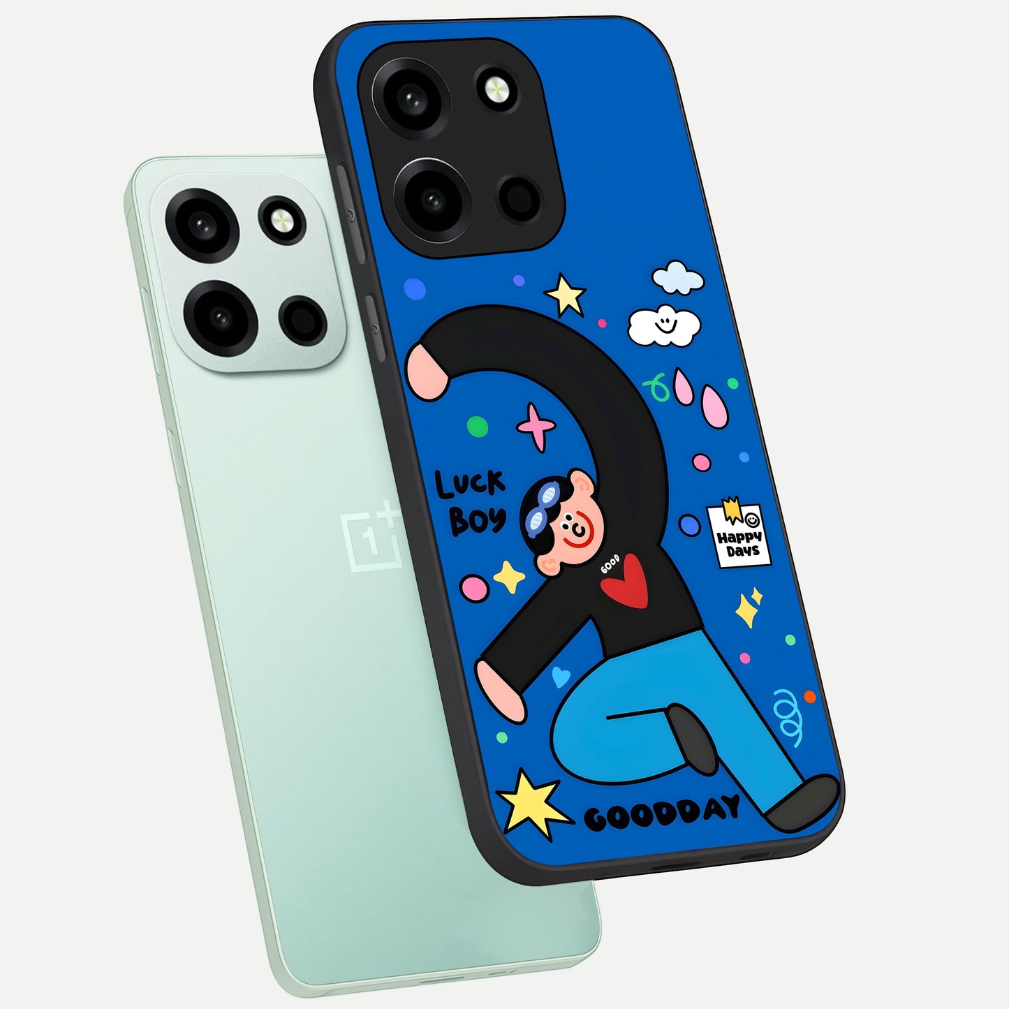  Happy Luck Vibe phone case For Oneplus Nord 6 showing premium glass back cover with detailed artwork