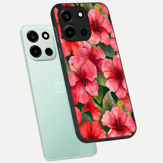  Hibiscus Pattern phone case For Oneplus Nord 6 showing premium glass back cover with detailed artwork