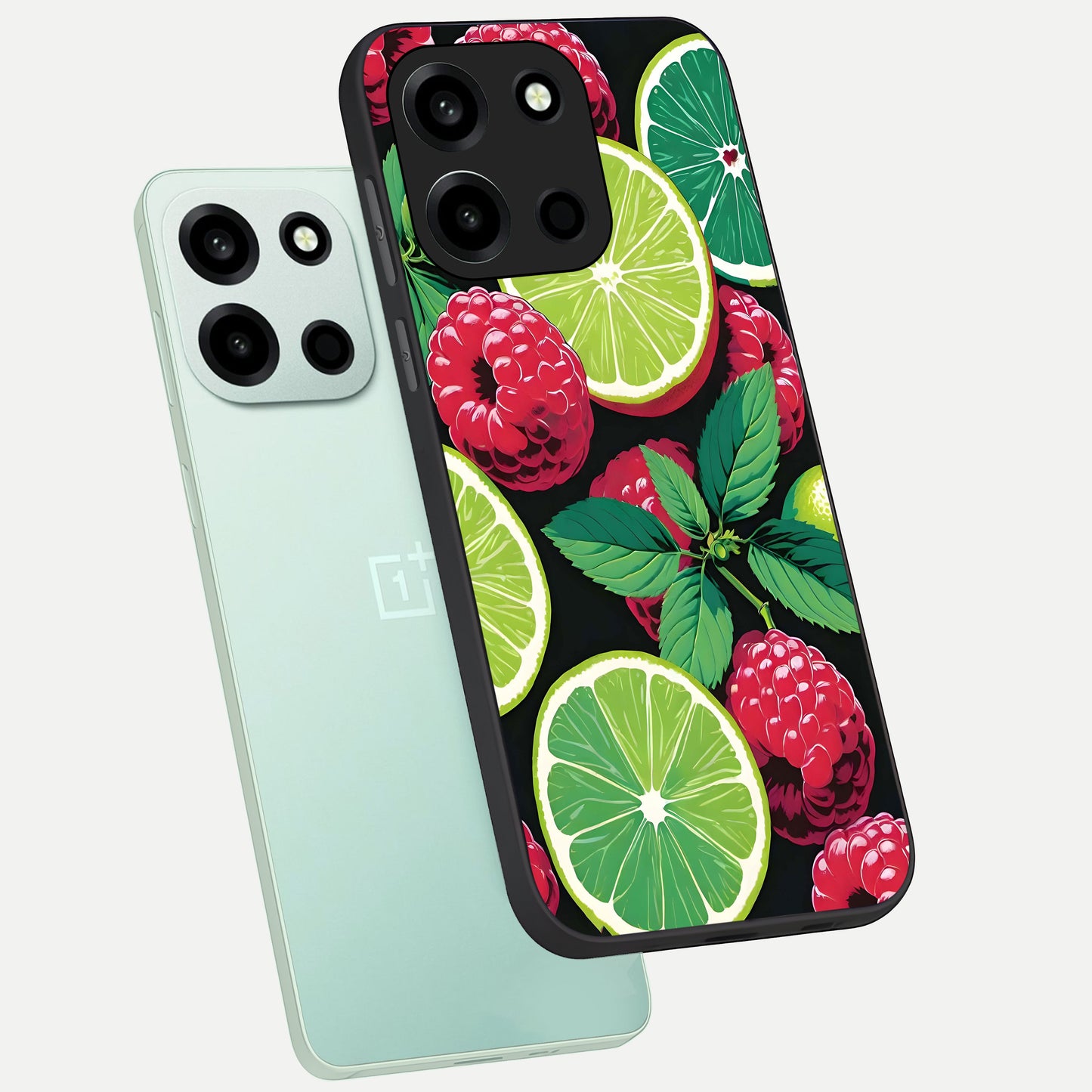  Lime and Raspberry Pattern phone case For Oneplus Nord 6 showing premium glass back cover with detailed artwork