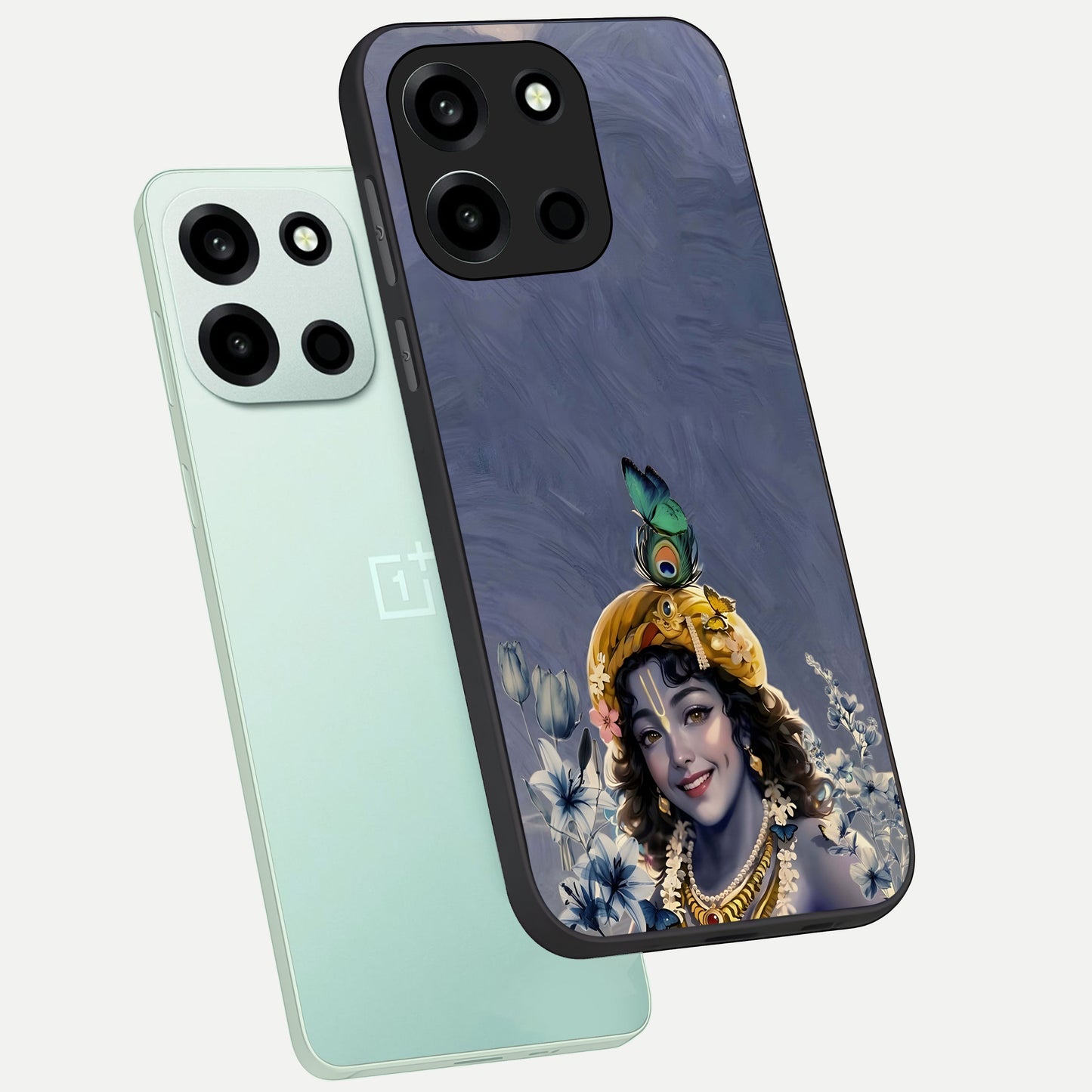  Lord Krishna phone case For Oneplus Nord 6 showing premium glass back cover with detailed artwork