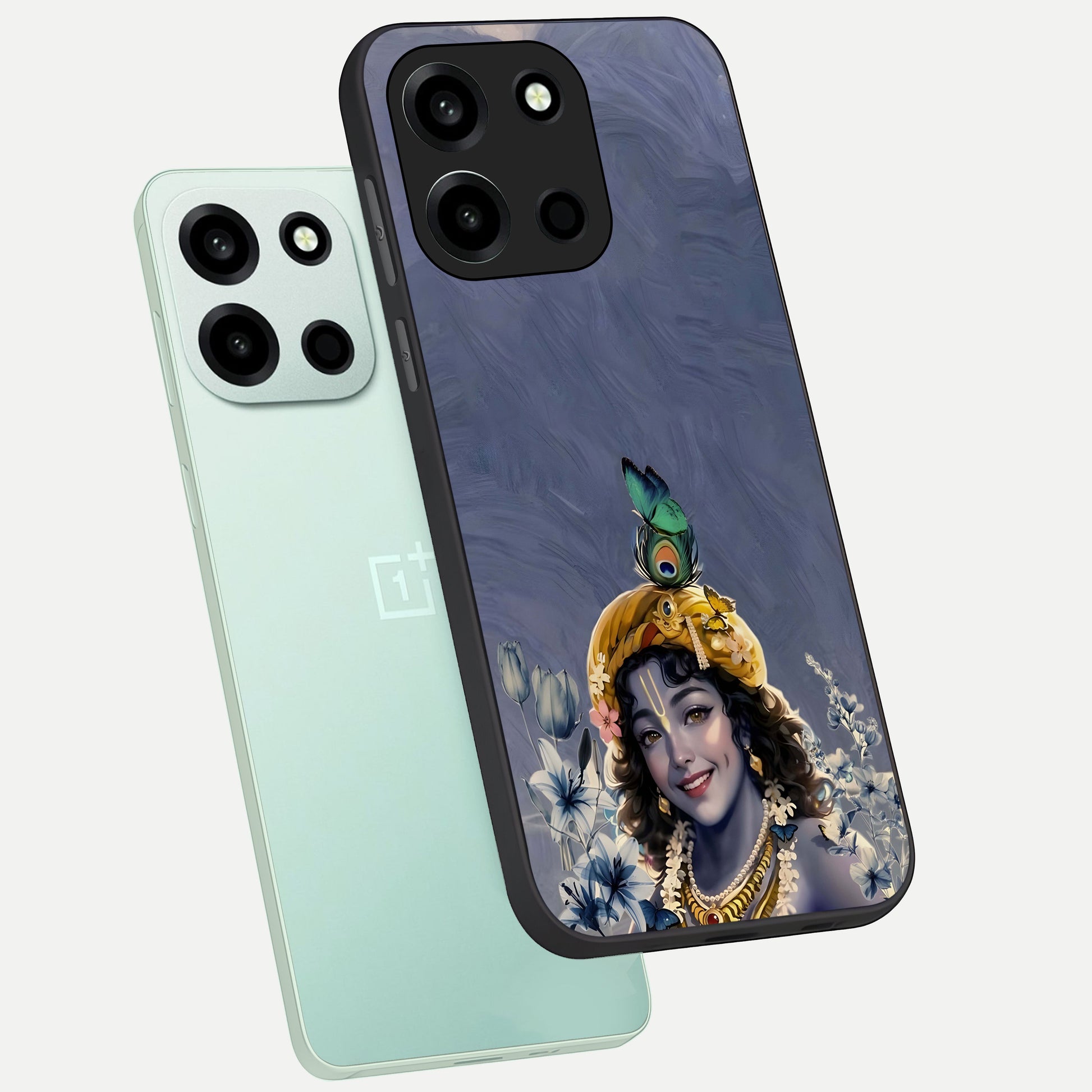 Lord Krishna phone case For Oneplus Nord 6 showing premium glass back cover with detailed artwork