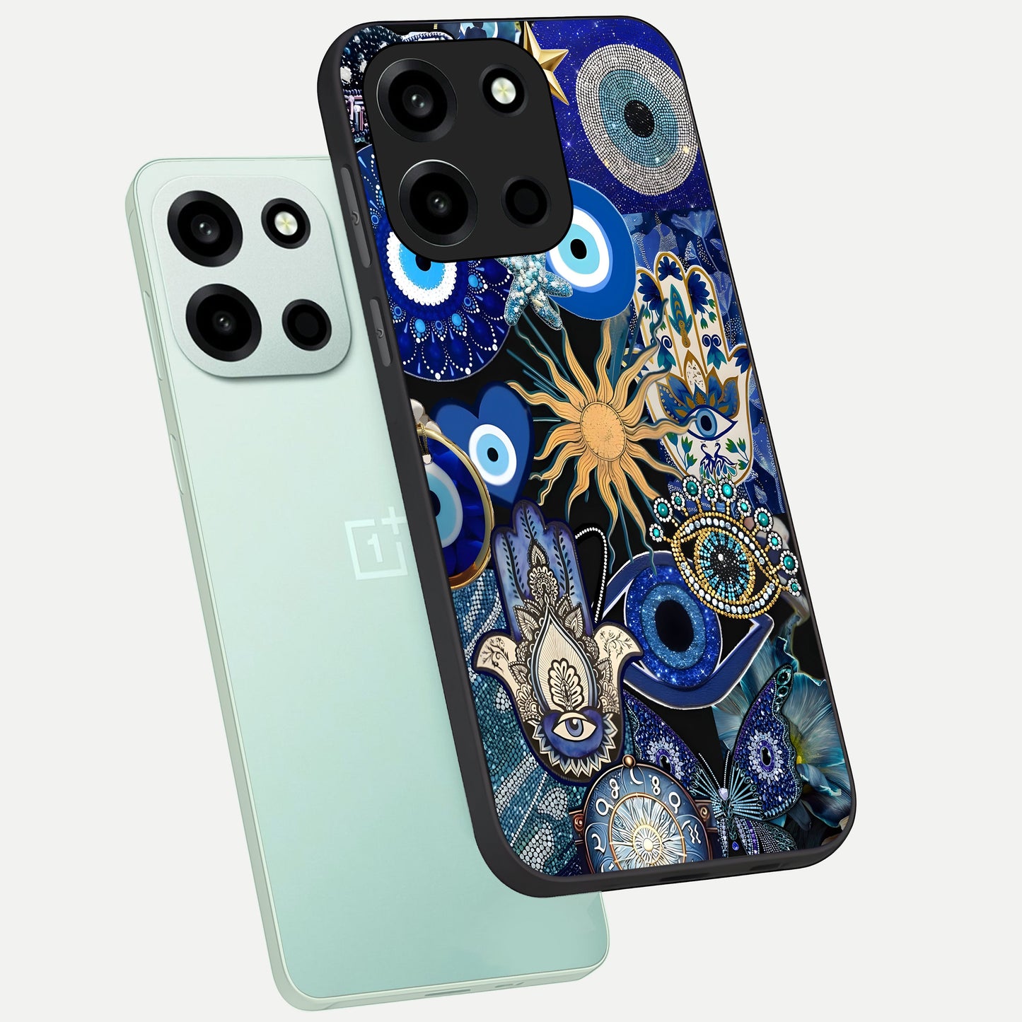  Mystic Blue Evil Eye phone case For Oneplus Nord 6 showing premium glass back cover with detailed artwork